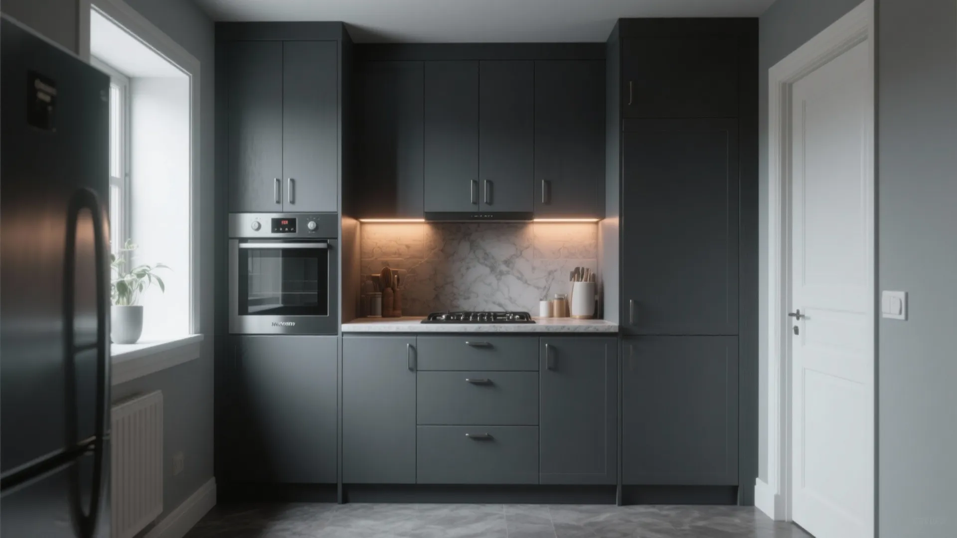 Dark grey kitchen cabinets with marble backsplash built in oven and under cabinet light strips