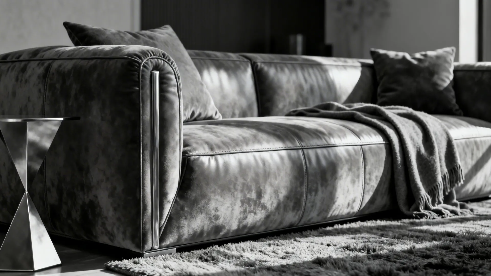 Close-up of a statement velvet sofa with tonal throws and a plush rug in a monochrome palette.