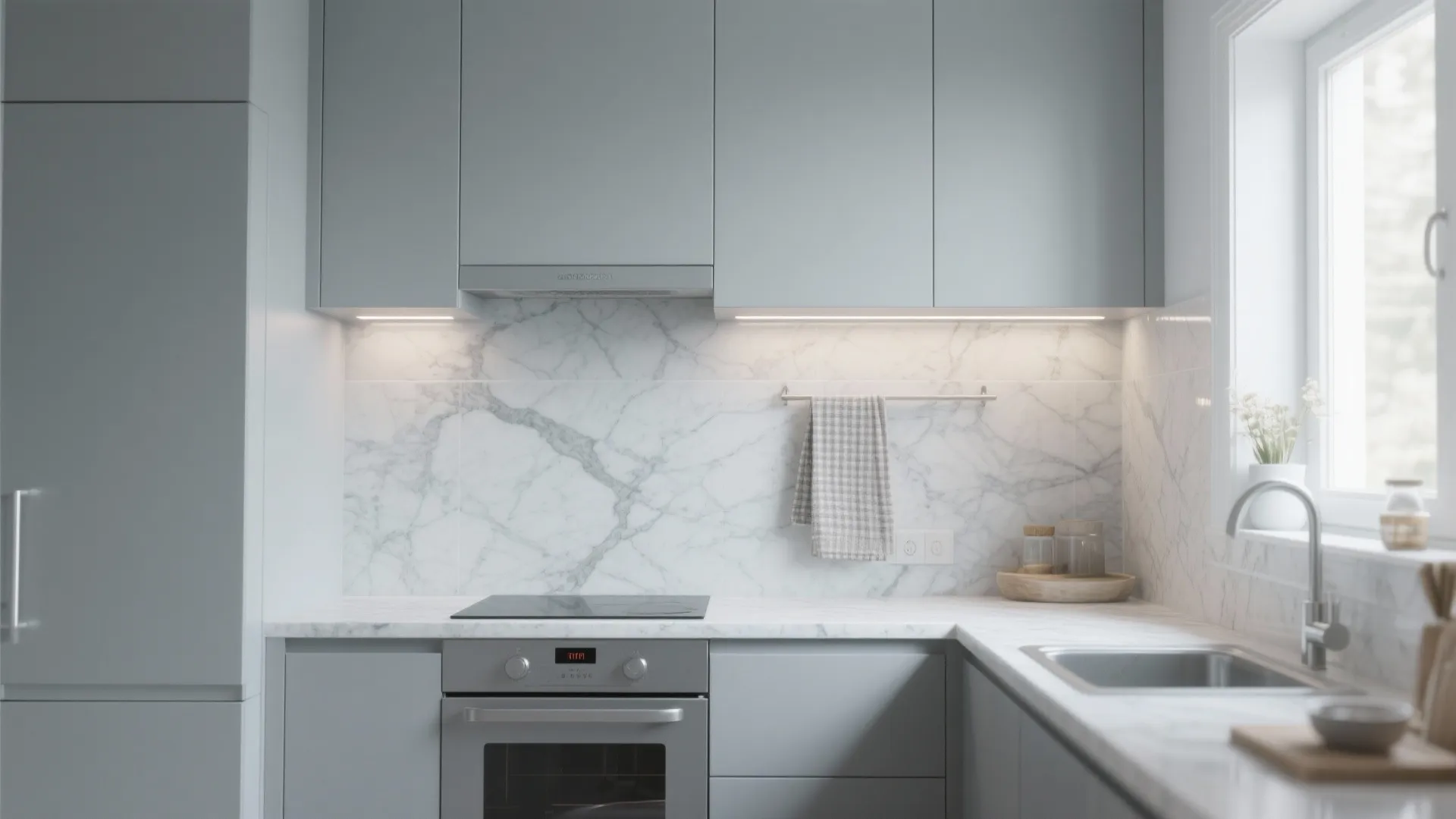 Monochrome stone scheme for a calm, spacious feel