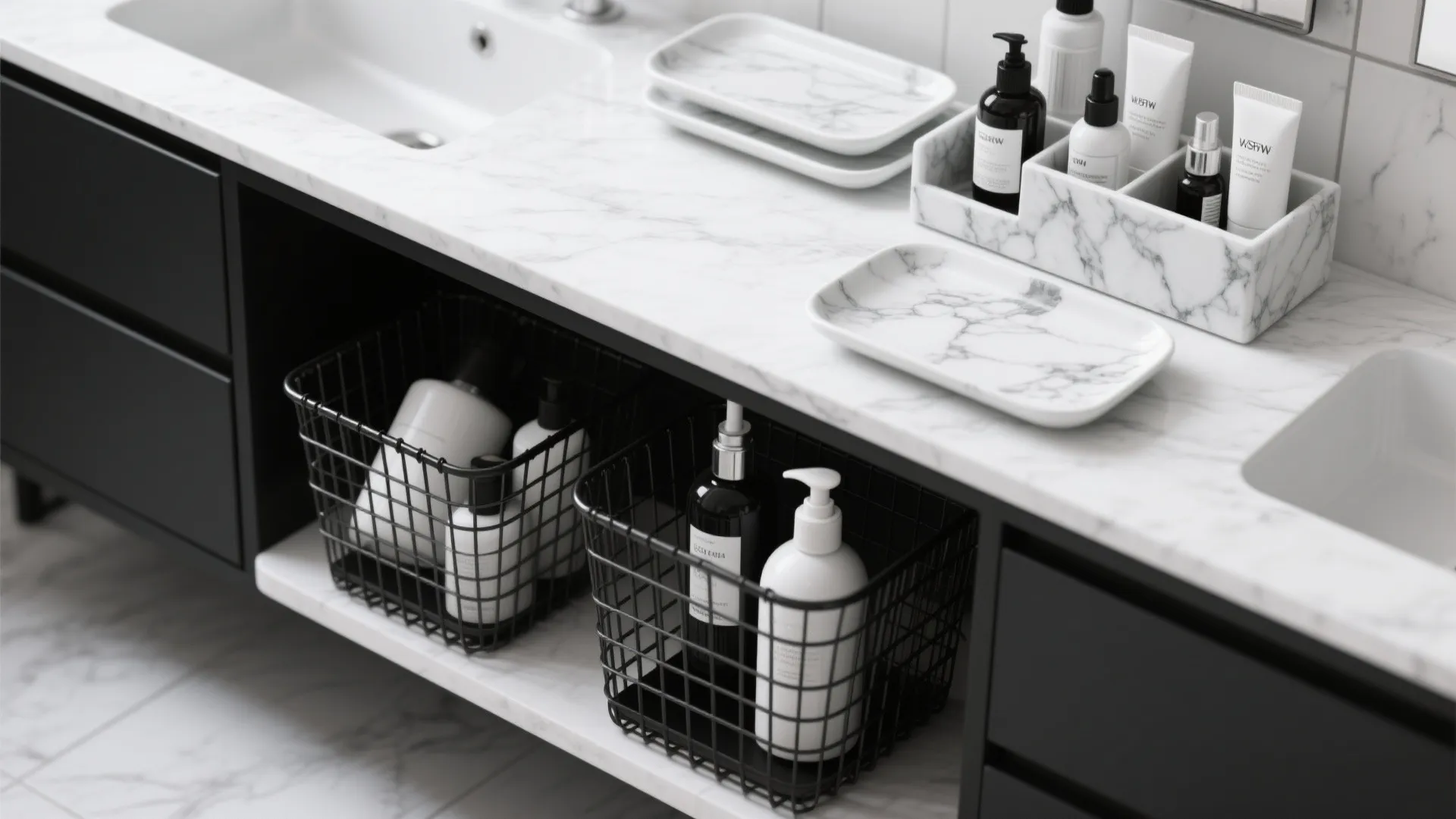 Bathroom vanity with marble top marble trays black wire baskets for bottles and black cabinets