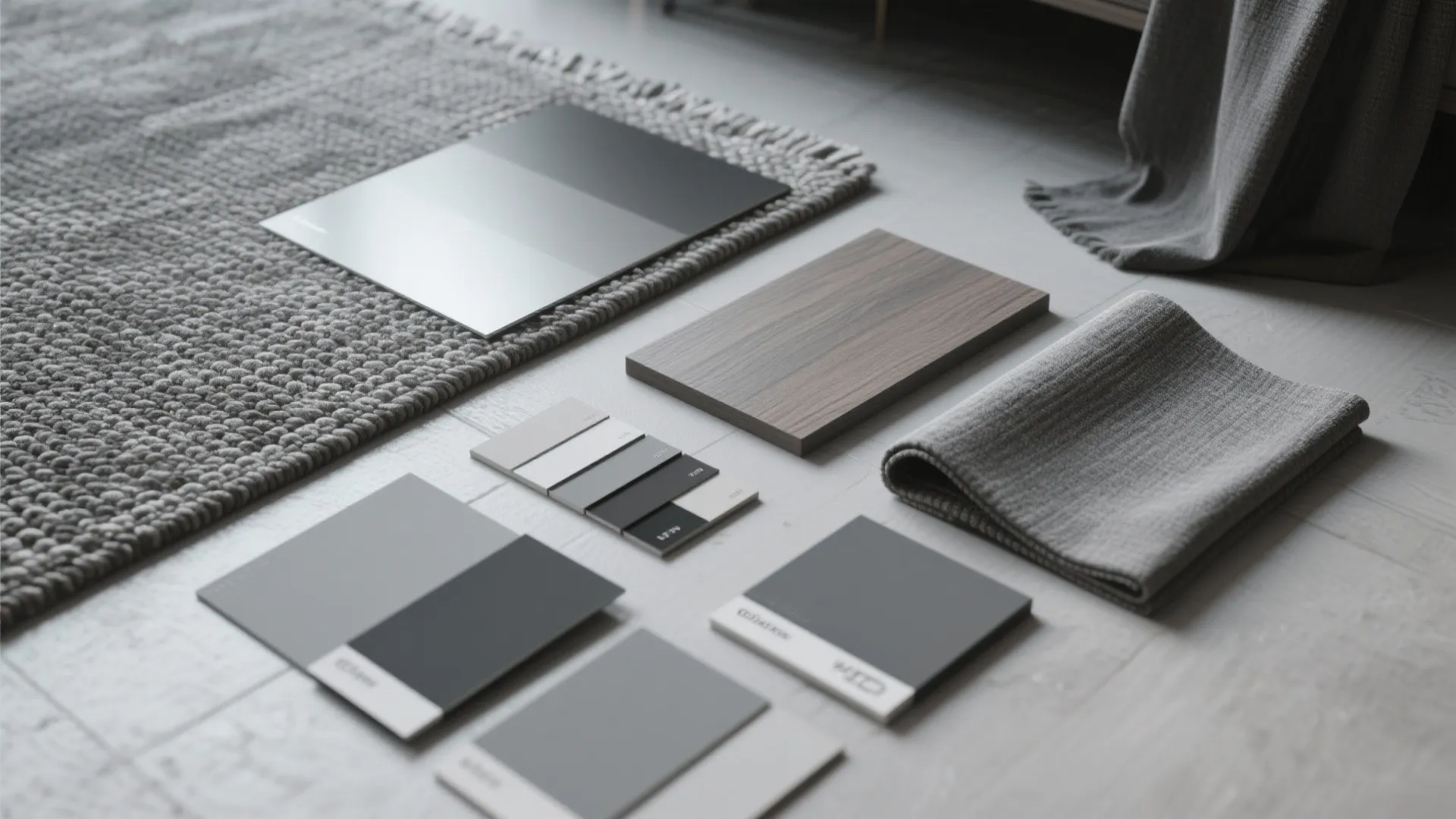 Top-down flatlay of monochrome gray paint chips, fabric swatches, and texture samples for a cohesive studio palette.