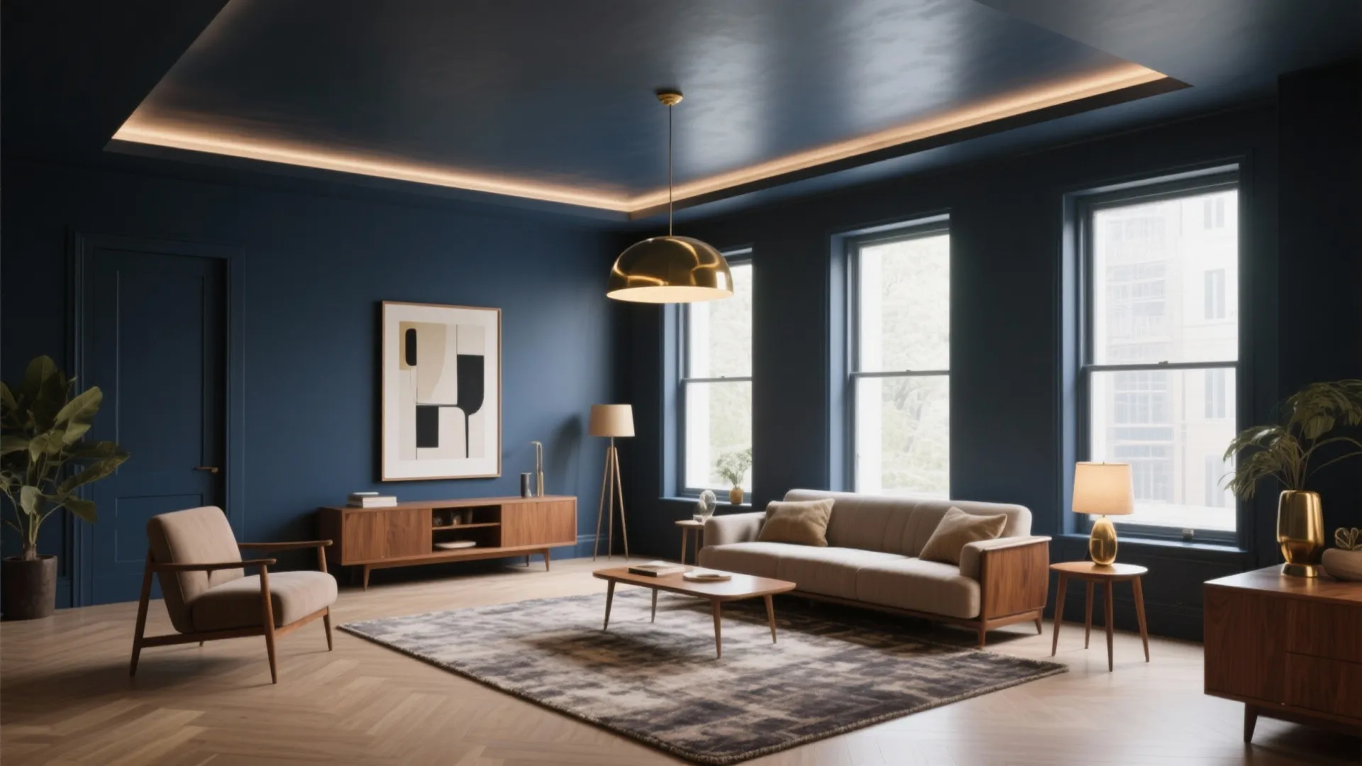 Modern blue living room with beige sofa wood cabinet gold ceiling light and large windows