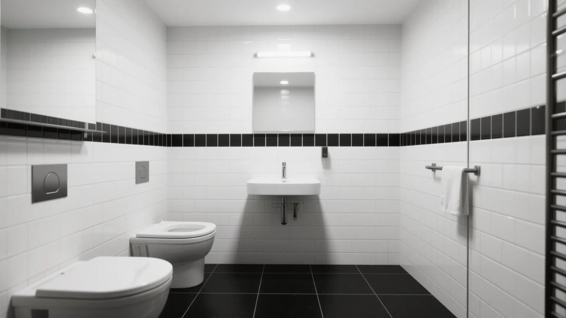 Bathroom with white subway tiles and black grout