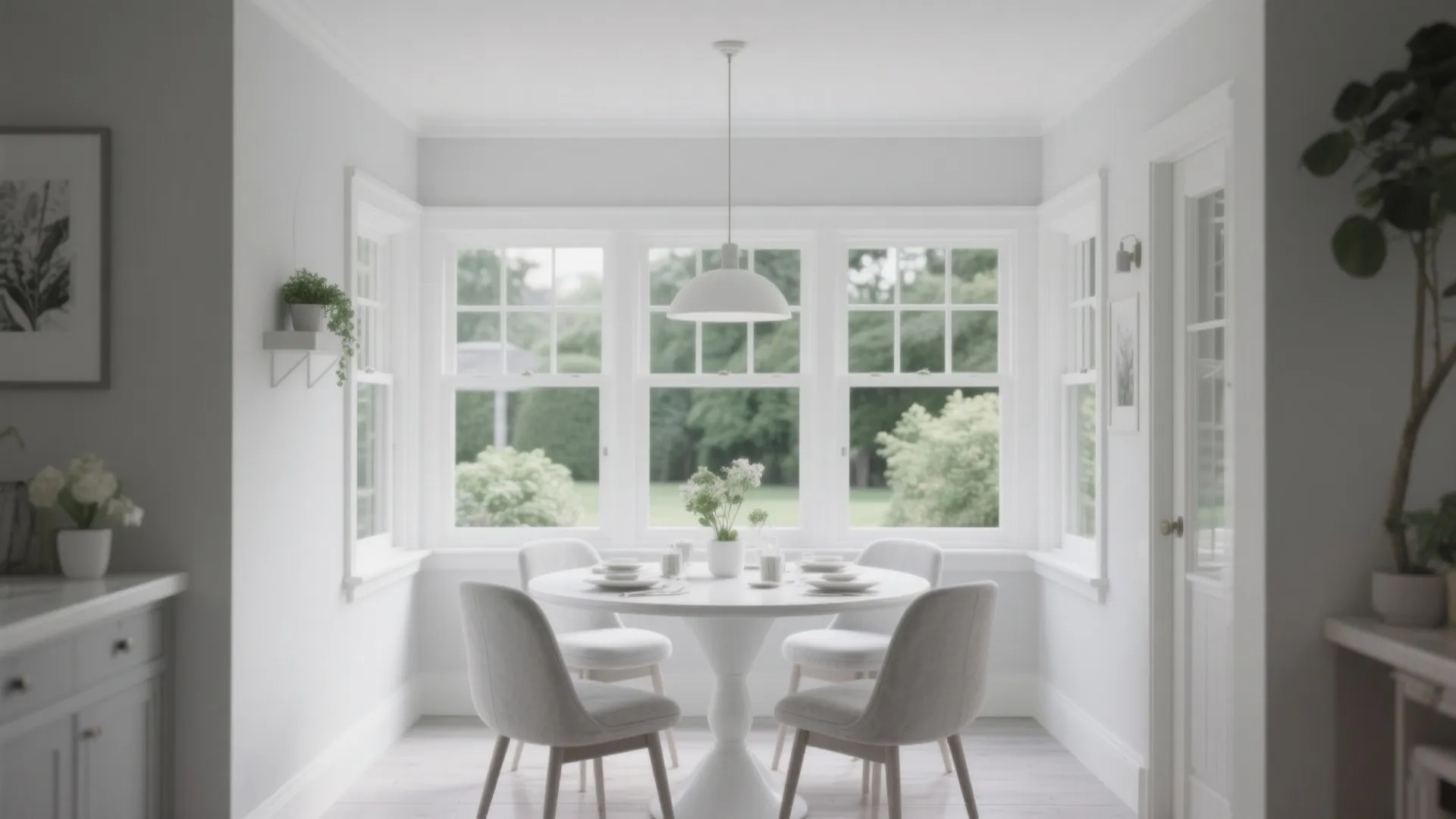 Minimalist white sunroom with round dining table and four grey chairs surrounded by large windows