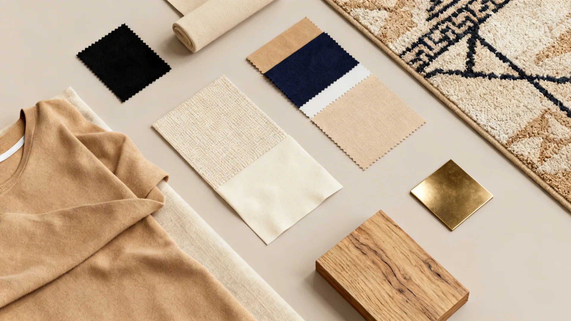 Interior design material samples including fabric swatches wood block metal plate and a patterned rug