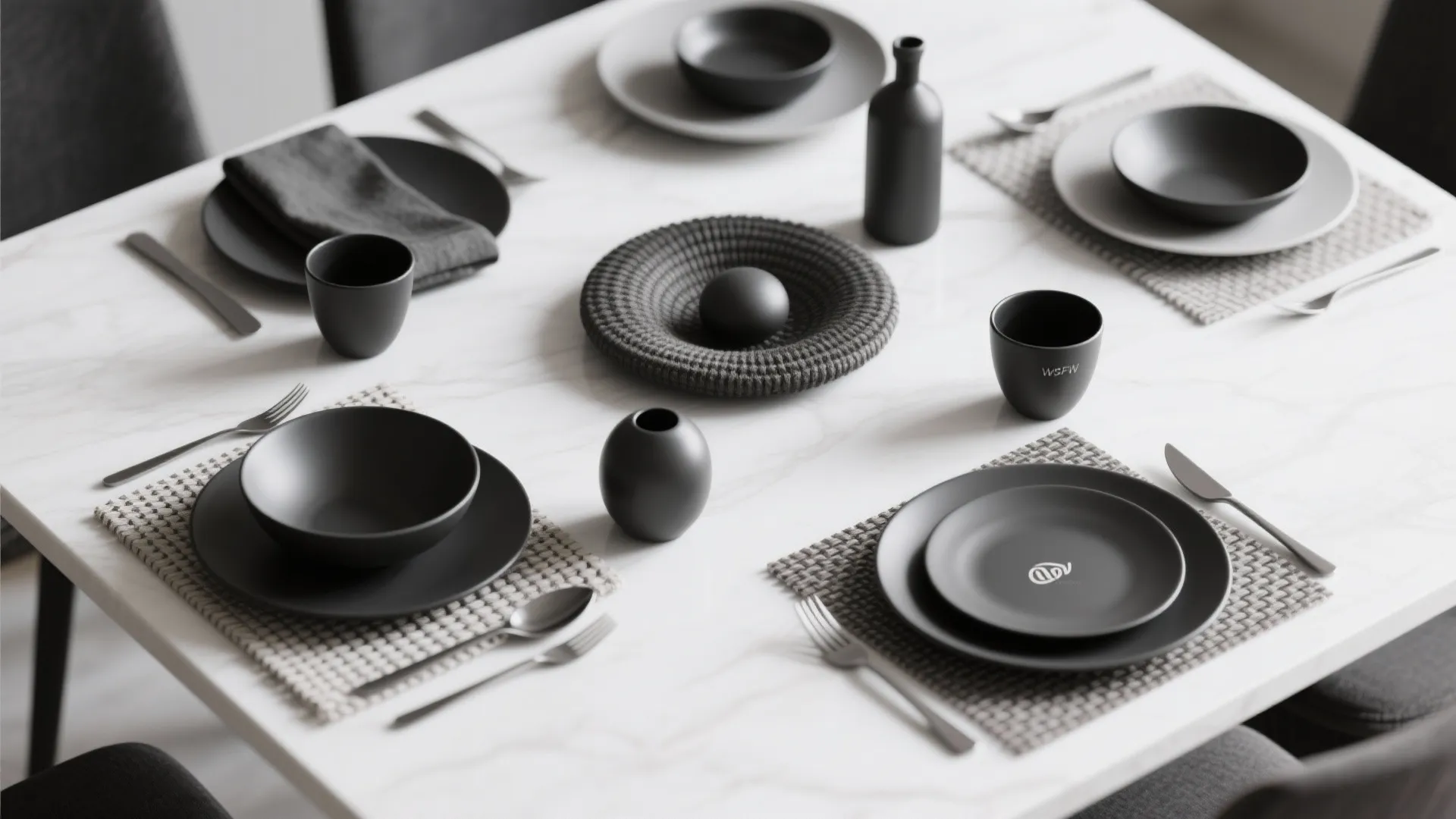 Top view of monochrome table decor with varied textures