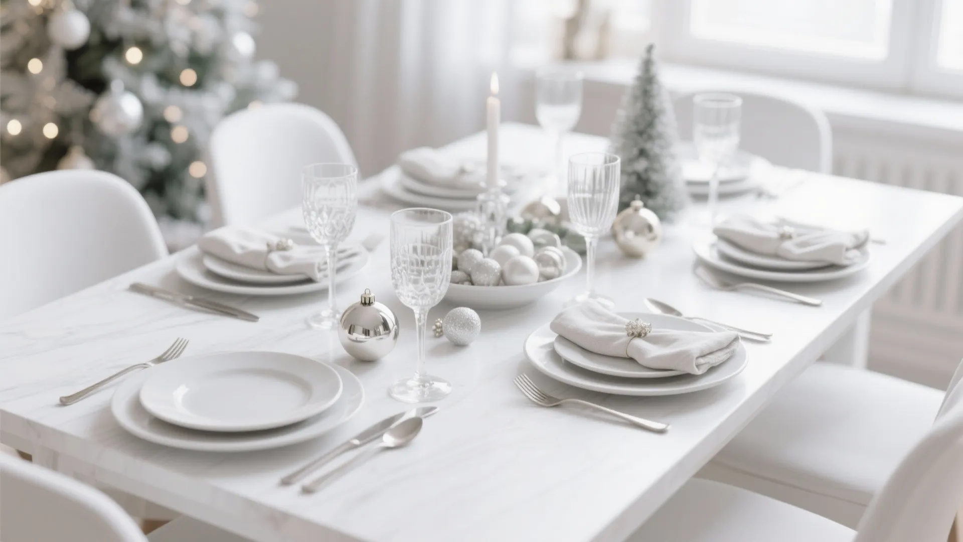 Elegant white dining table set for Christmas with silver ornaments wine glasses and white chairs