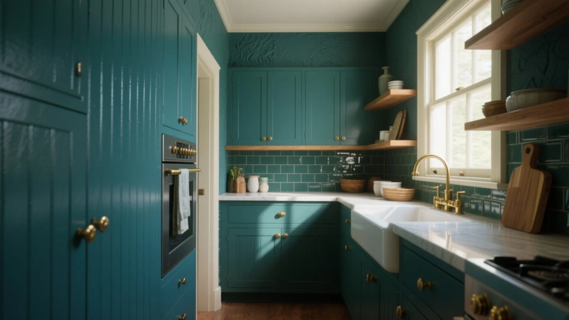 Modern dark teal kitchen with gold faucet white sink wooden shelves marble countertop and green tiles