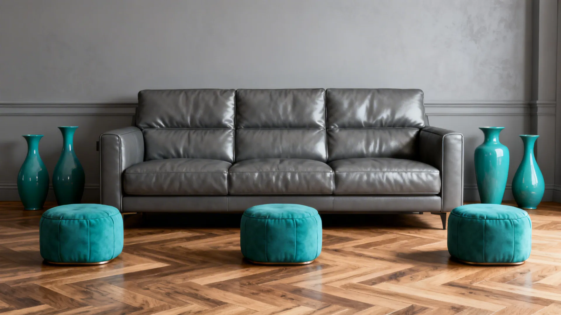 Monochrome grey living room with teal accent ottomans and vase