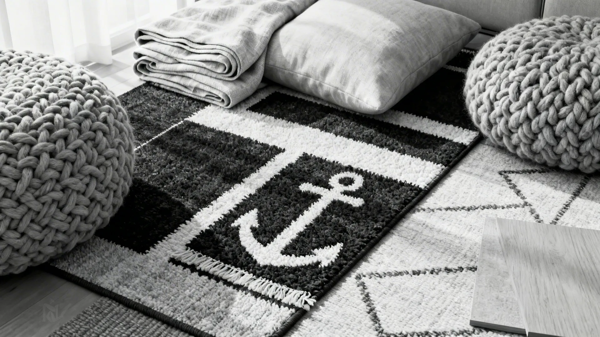 Top-down view of black-and-white textile samples: rug, throws, cushions and wood swatch.