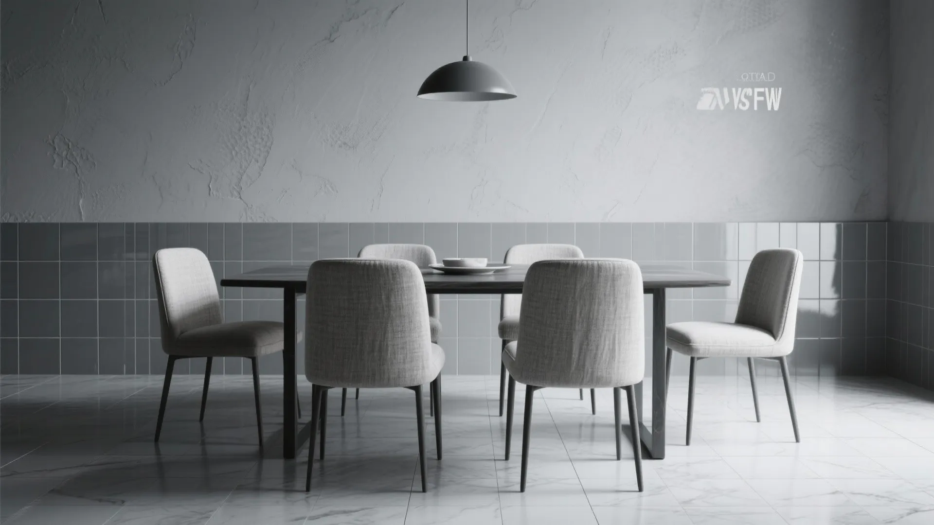 Minimalist dining room with dark wood table grey chairs textured wall panel and ceiling light
