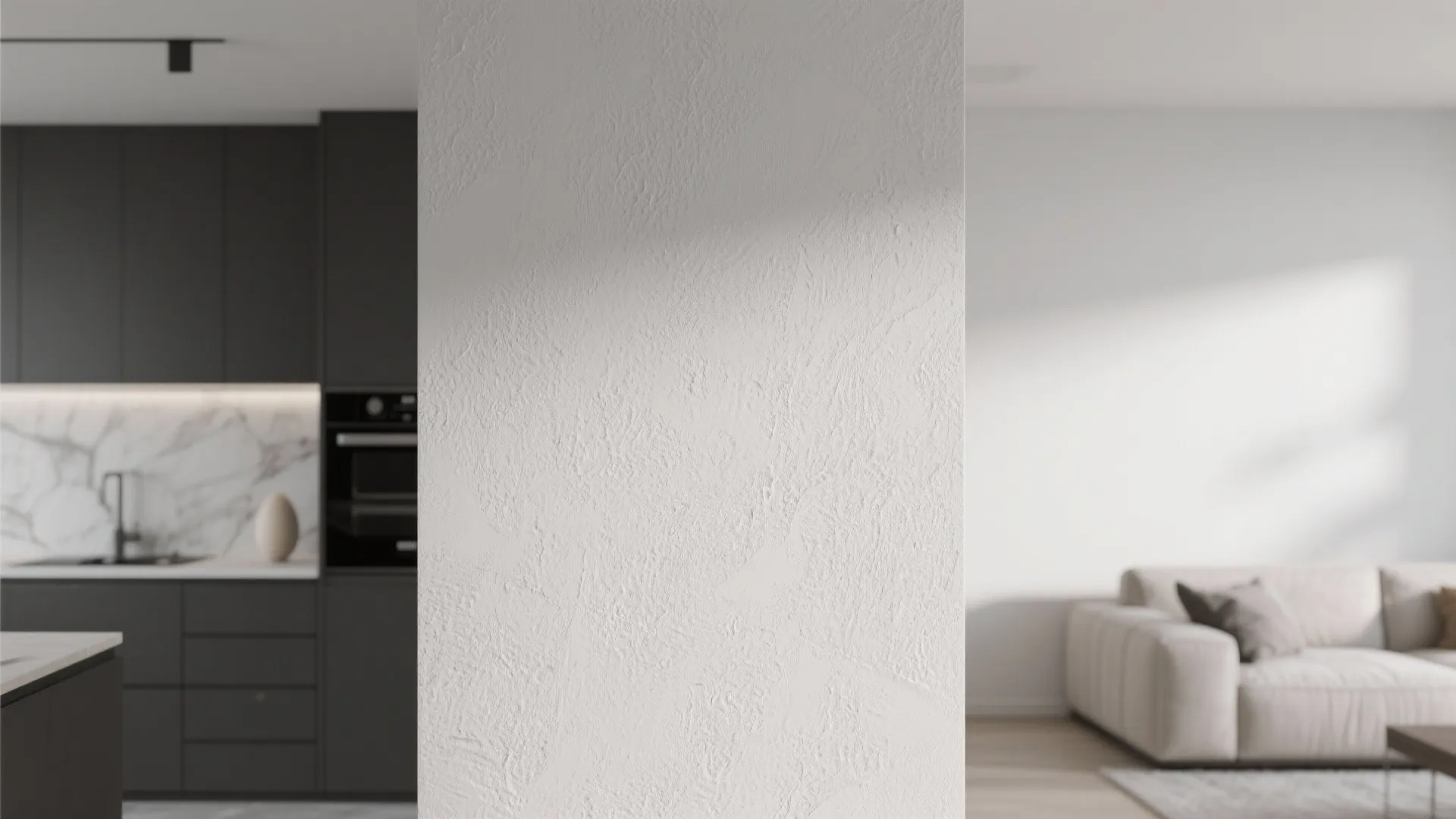 Matte and eggshell finishes in monochrome open-plan design