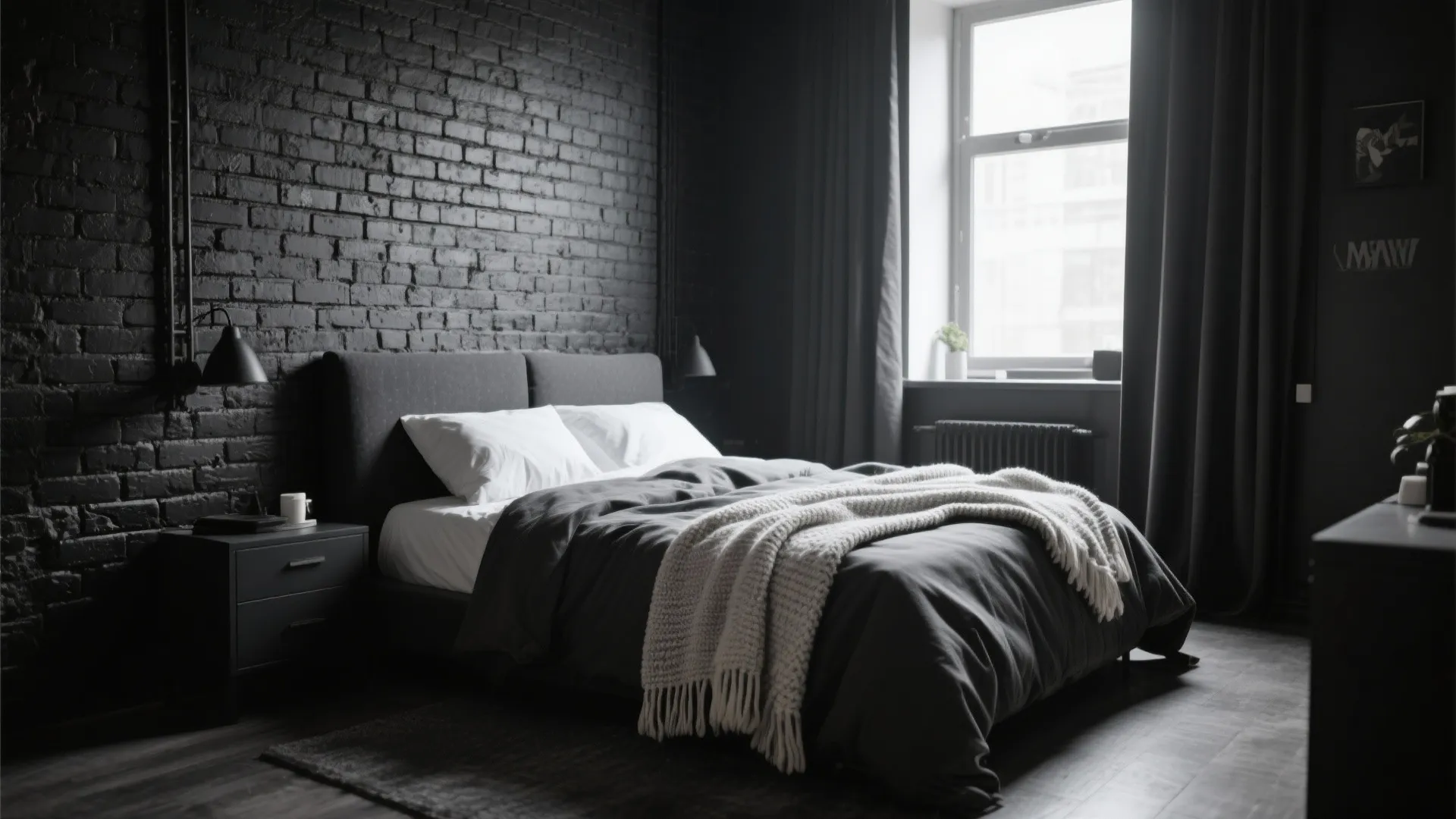 Modern dark bedroom with black brick wall grey bed white pillows wall light and window