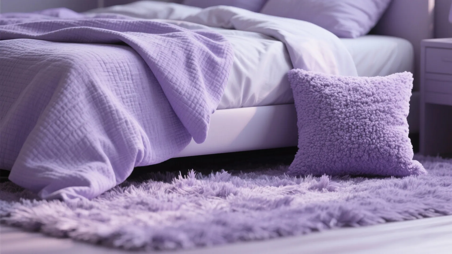 Close view of purple fluffy rug, textured pillow, and purple blanket on white bed frame