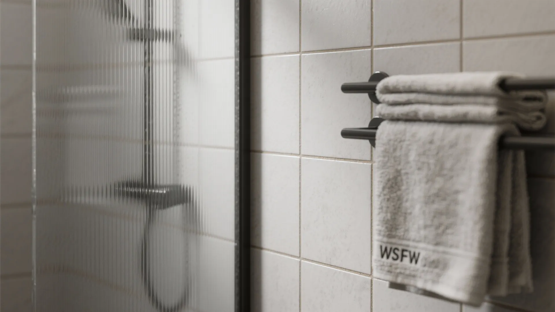 White square bathroom wall tiles with black towel rack holding two soft folded grey towels