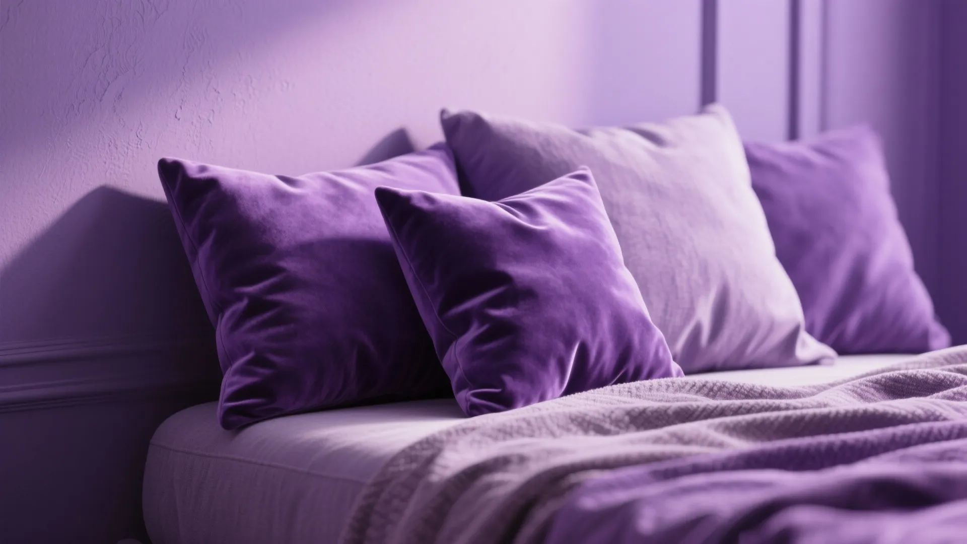 Close up of soft purple pillows on a bed with a purple wall panel background
