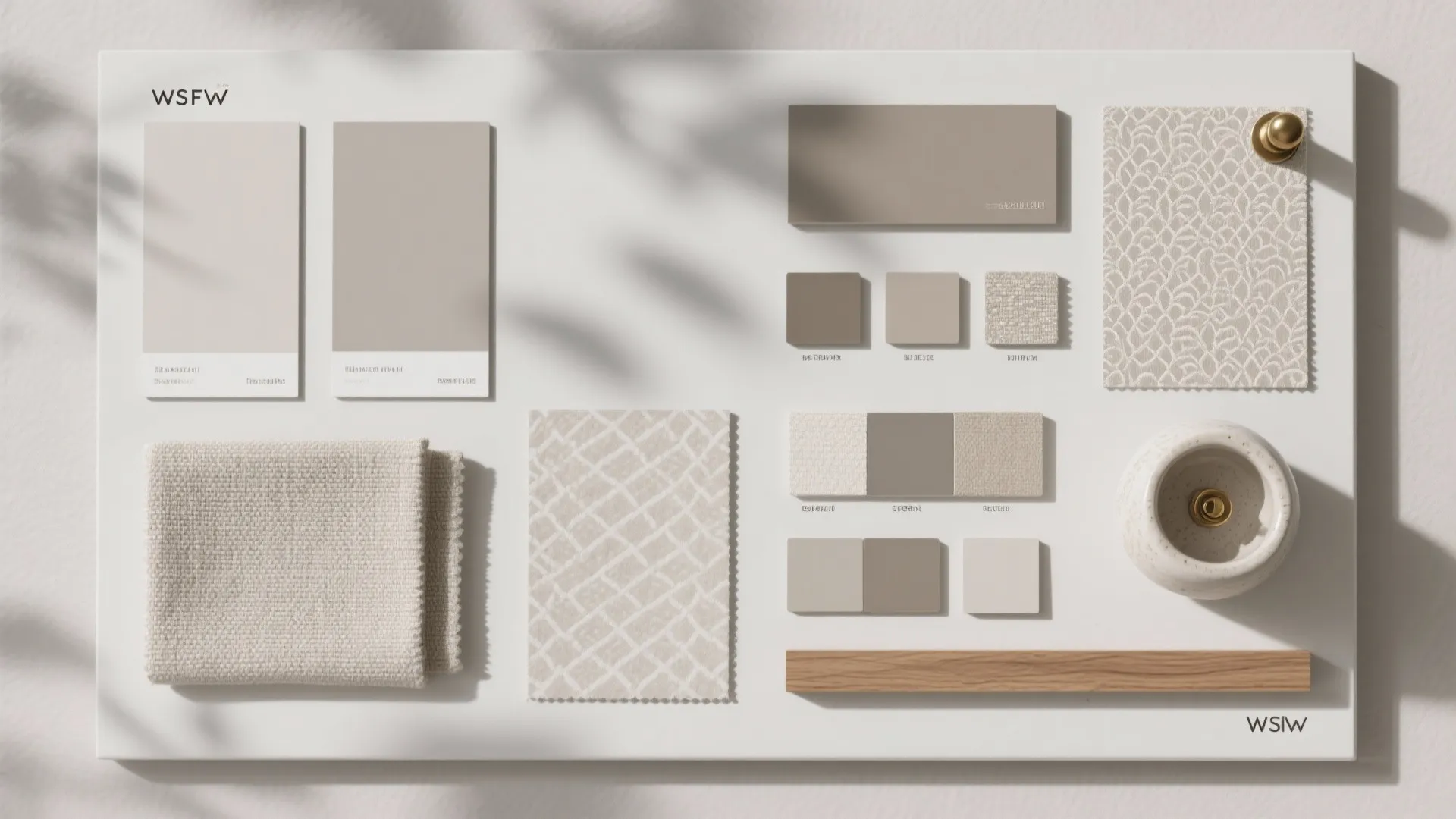 Interior design mood board with neutral paint samples fabric swatches and small wooden material pieces