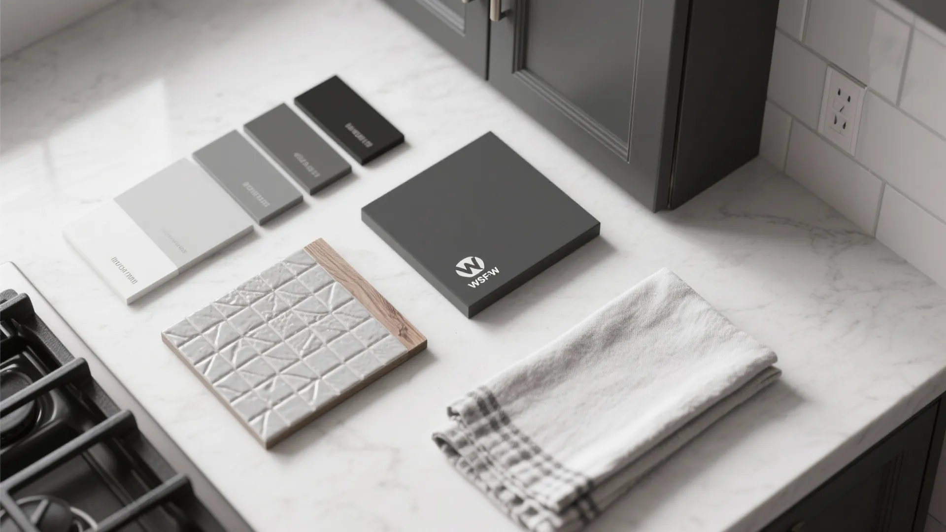 Grey and black material samples with textured tile and folded towel on marble kitchen counter