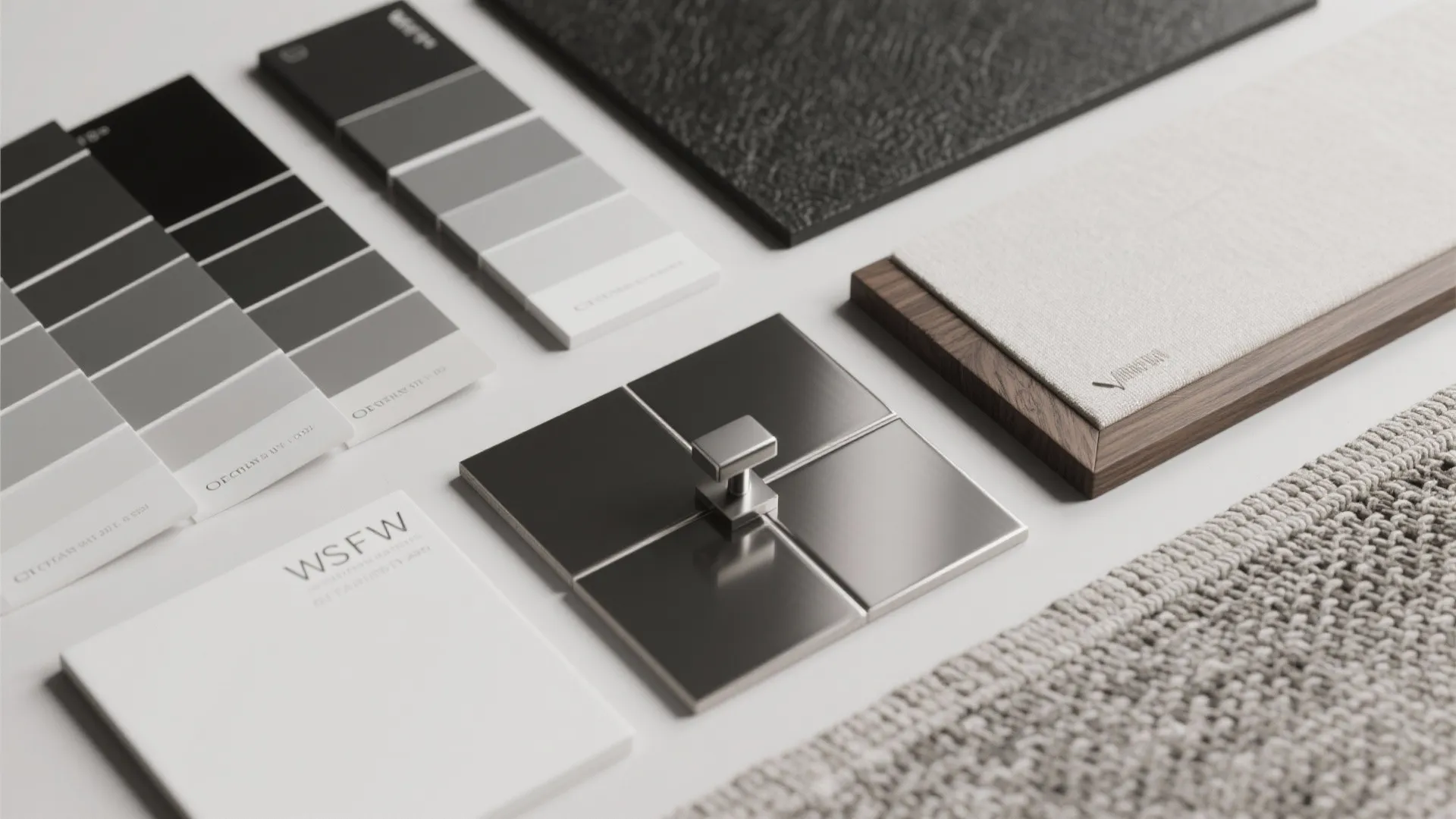 Flatlay of monochrome paint swatches, tile, metal hardware, wood and textiles showing texture variety.