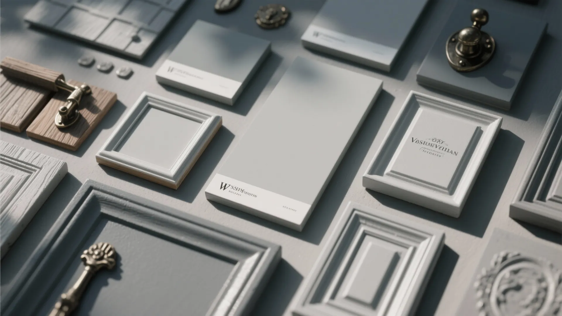 Collection of grey wall panel samples with white frames and metal door handles on table