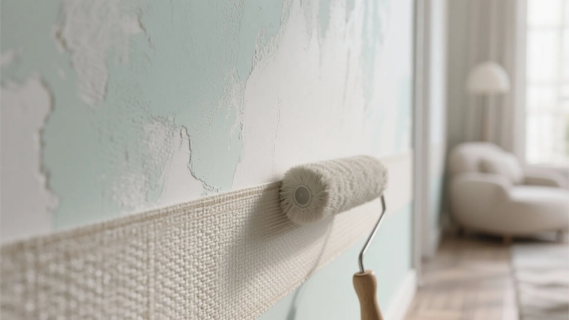 Paint roller applying cream colored textured paint over light blue wall in a bright room