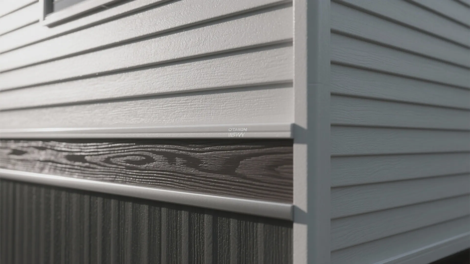 Close up view of horizontal wall panel siding in white grey and dark wood texture