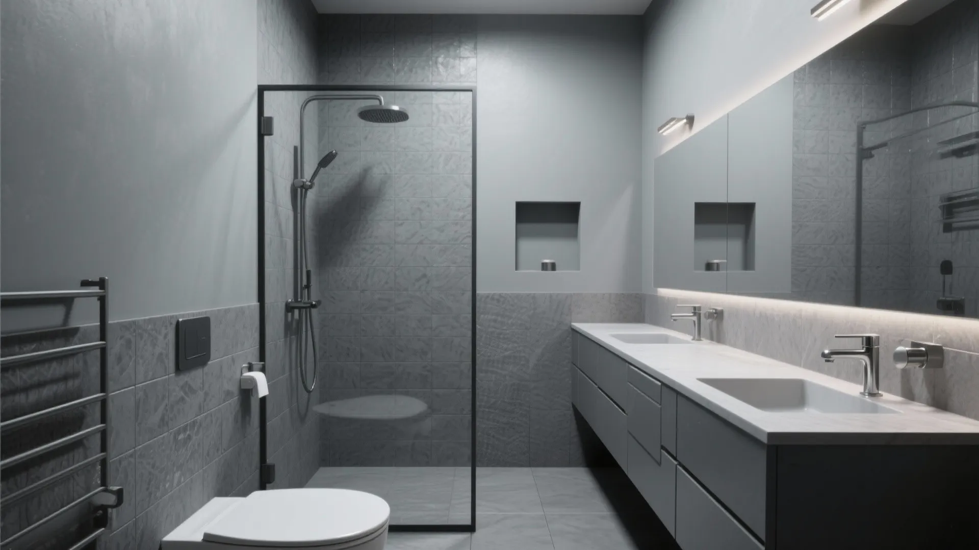 Modern grey bathroom with double sink cabinet glass shower door large mirror and wall toilet