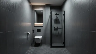 Modern Dark Gray Bathroom Design with Herringbone Floor