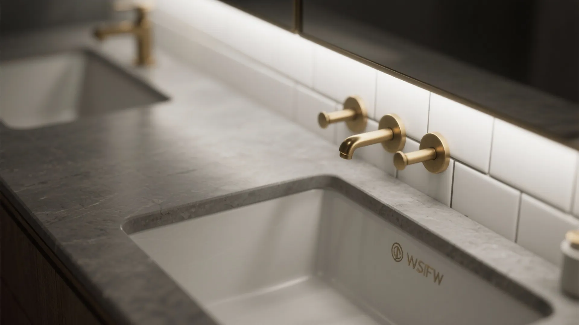Close-up of matte gray vanity, glossy subway tile and brass hardware showing textural contrast
