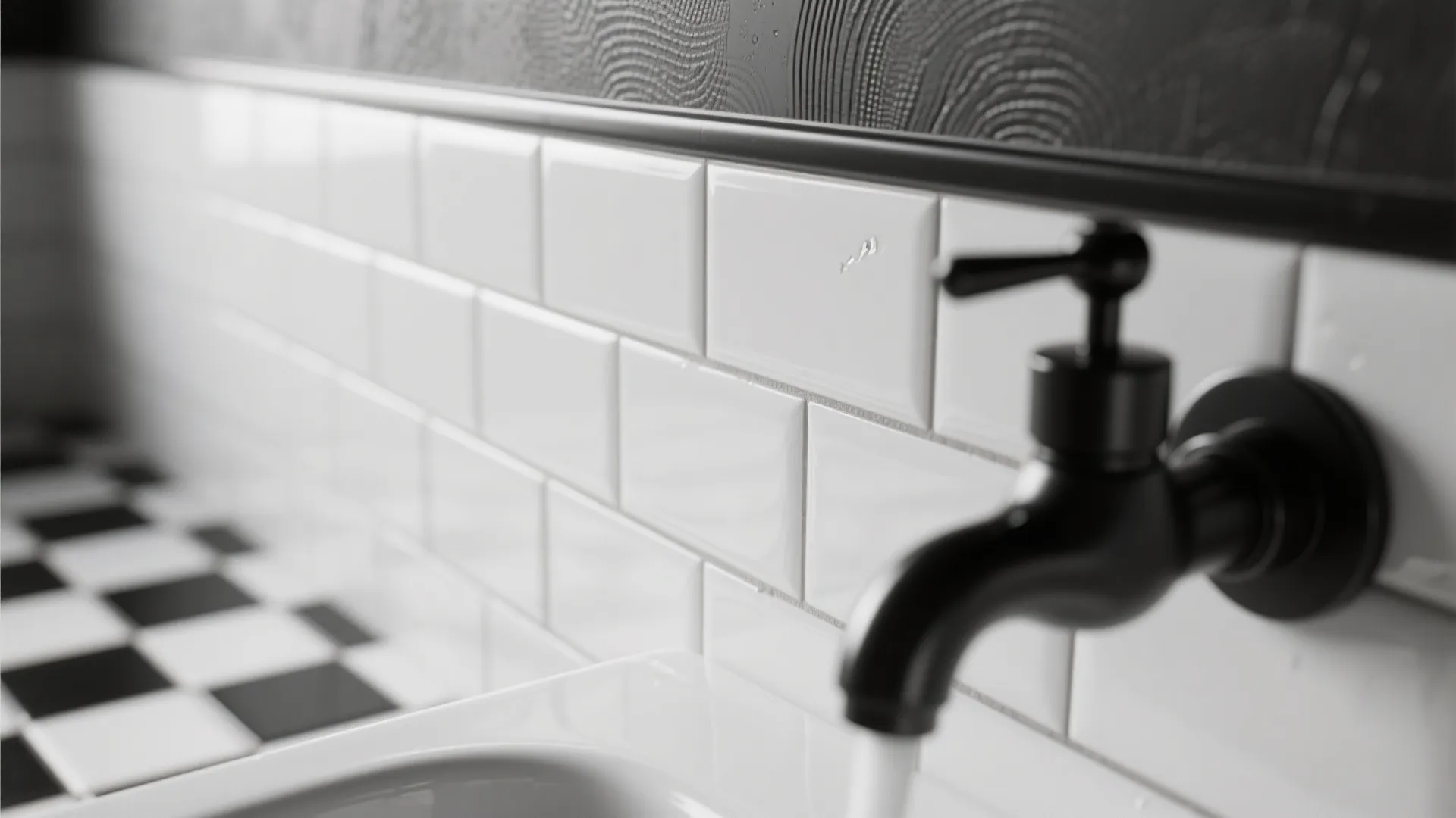 Close up view of black metal water tap on white brick wall with checkered floor