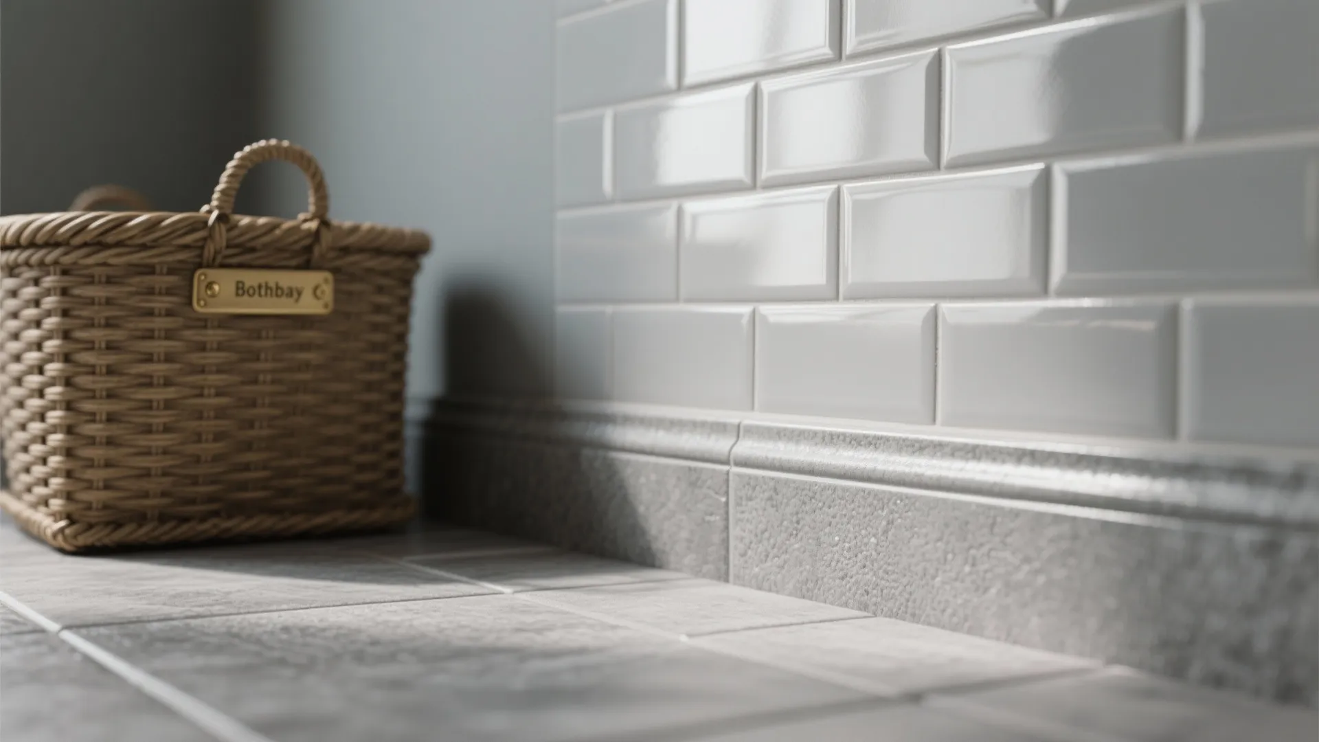 White wall tiles and a brown woven basket sitting on a light grey textured stone floor