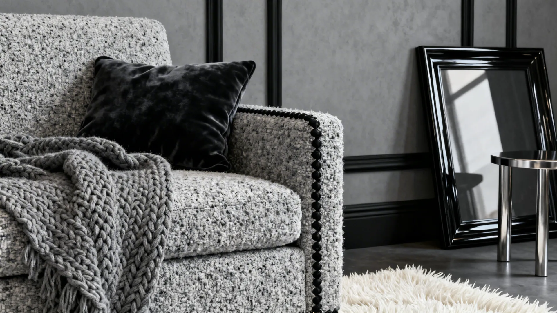 Close-up of boucle sofa, knitted throw, velvet cushion and glossy black frame against grey wall.