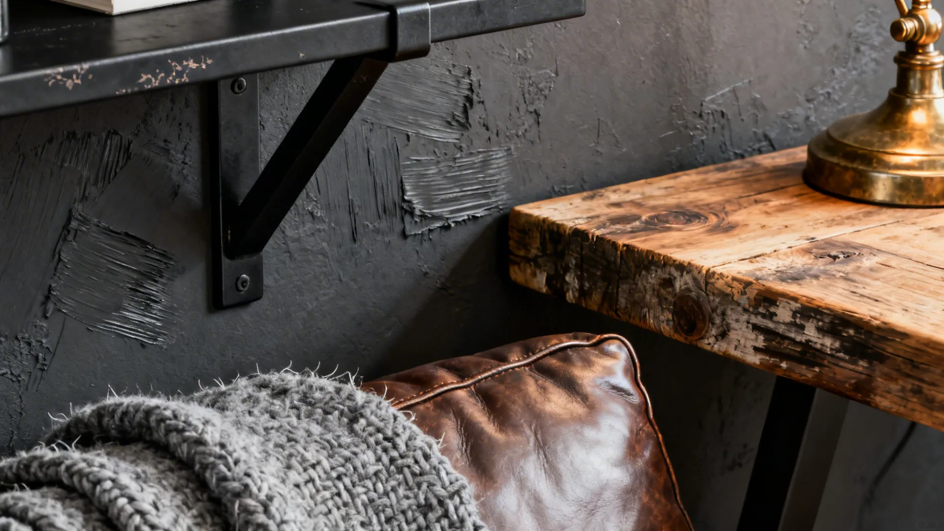 Close-up of charcoal wall, reclaimed wood desk and textured fabrics in a masculine room