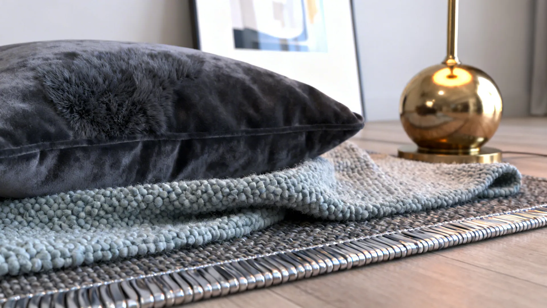 Close-up of velvet cushion, boucle throw and woven rug on a gray sofa with a brass lamp