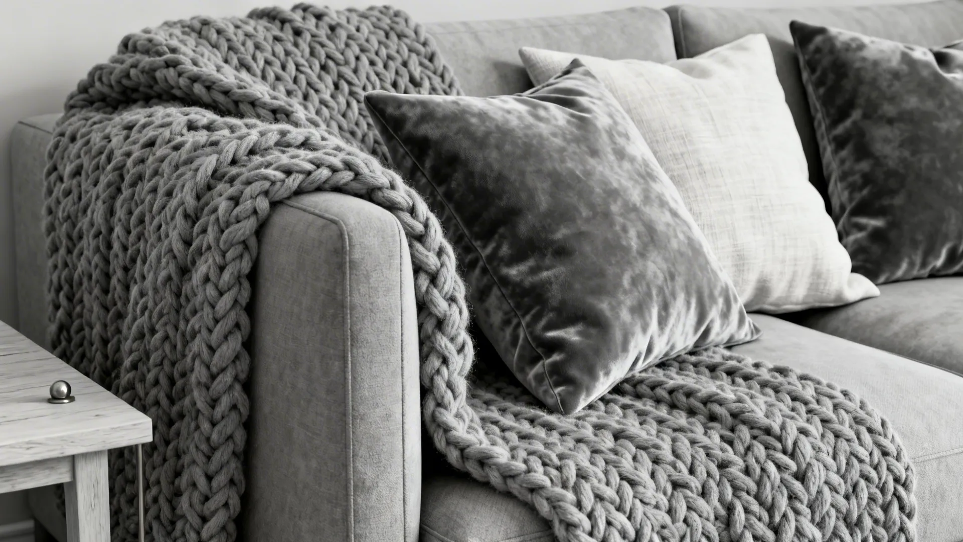 Close up of grey sofa with thick knitted blanket plus soft pillows in simple neutral colors