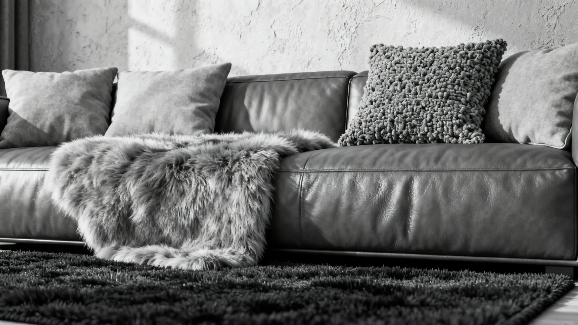 Black and white view of a leather sofa with fuzzy blanket and textured throw pillows