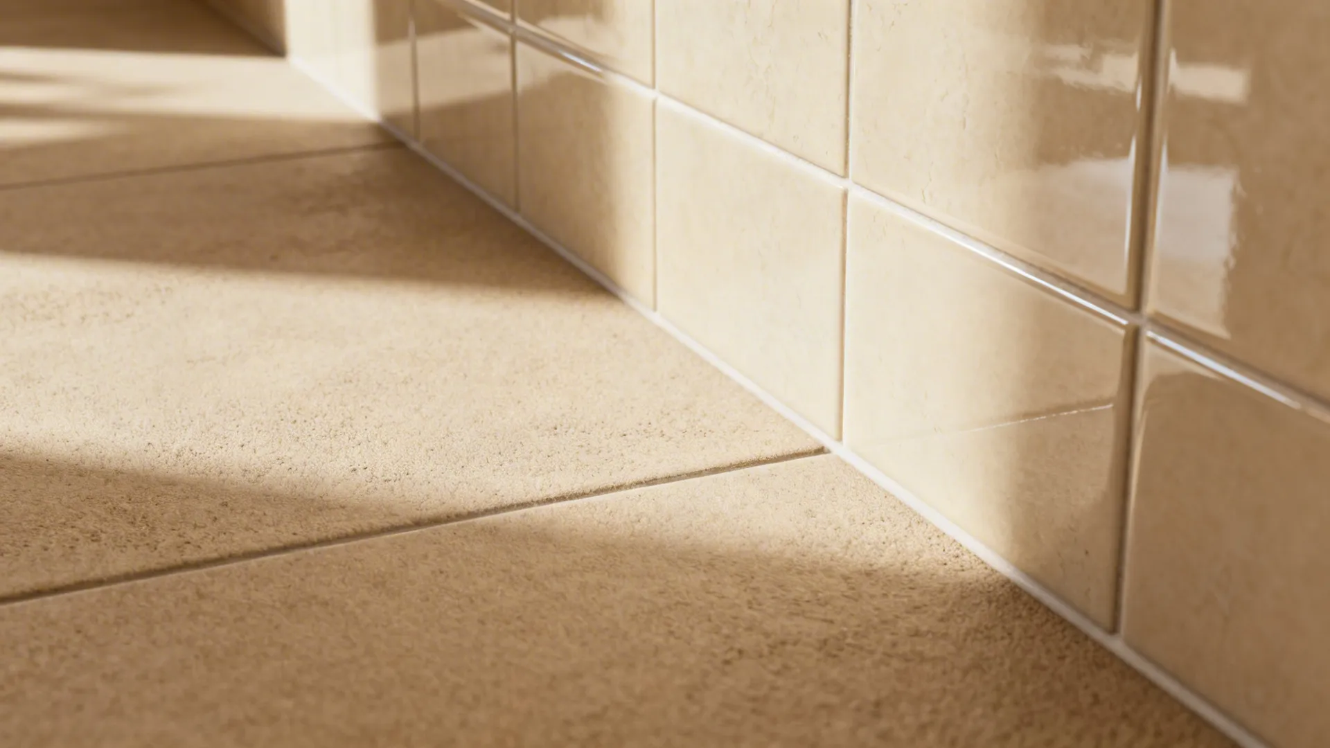 Monochrome matte floor and glossy textured wall tiles paired for subtle contrast in a small bathroom.