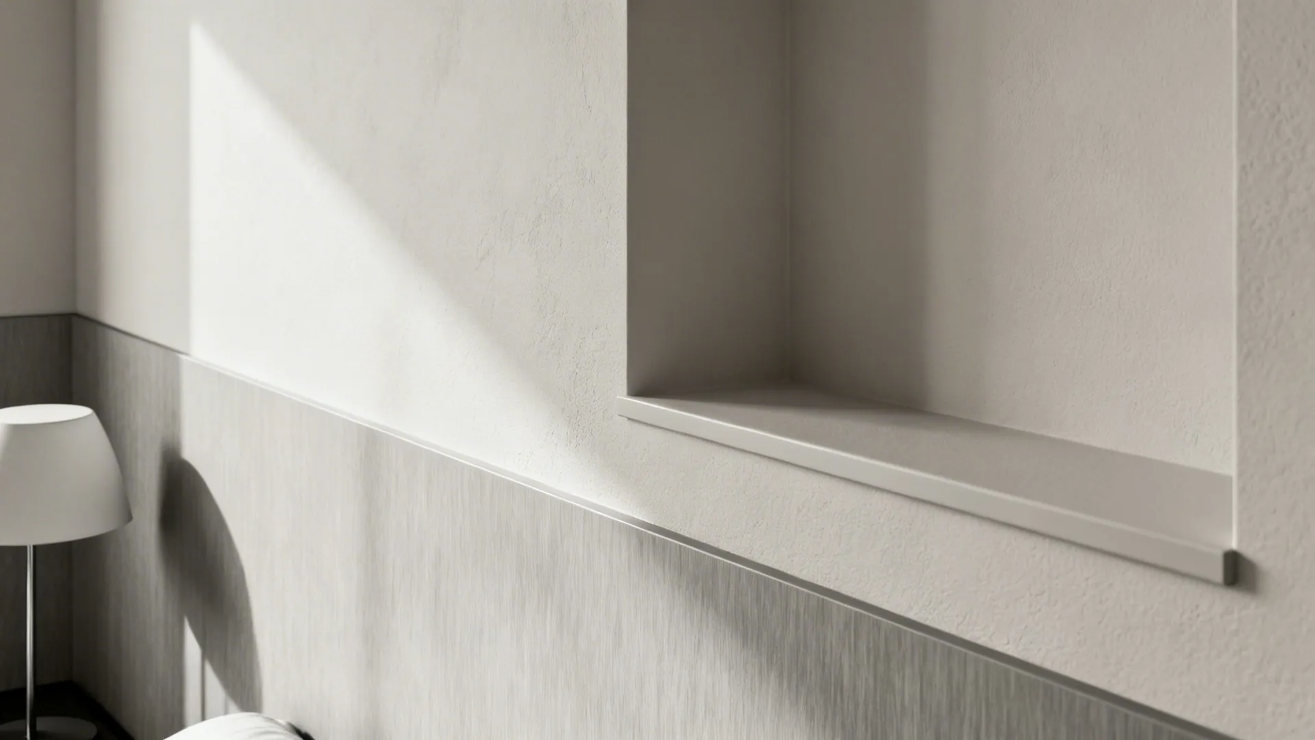 Eggshell wall with satin-trimmed niche and brushed-effect panel showing subtle finish contrast.