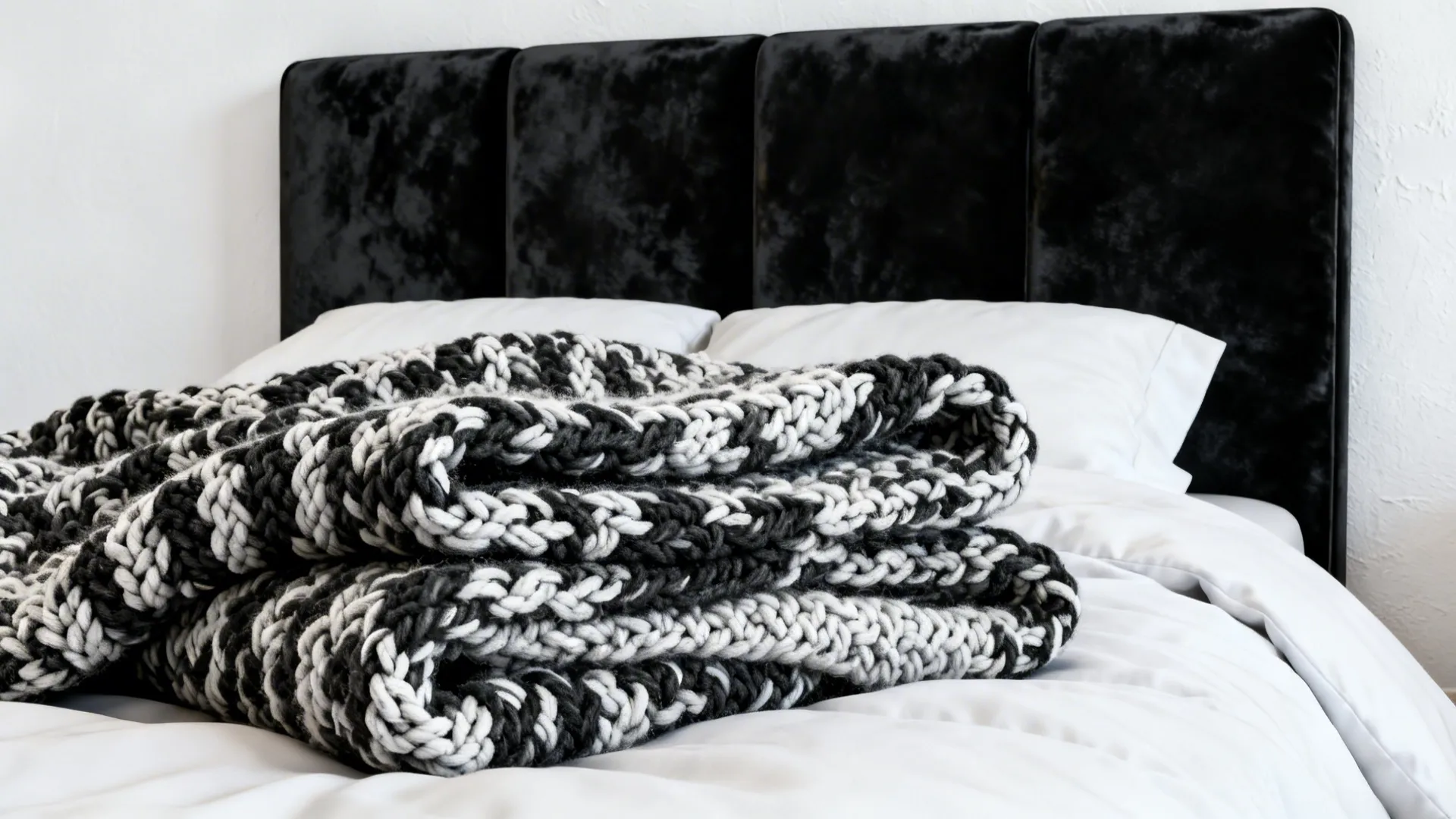 Close up of white bed with black and white thick knit blanket and black headboard