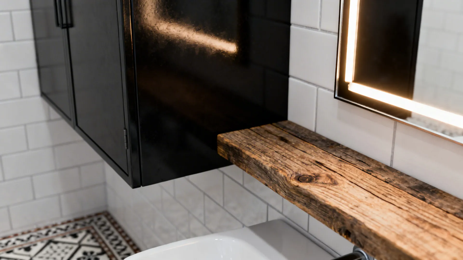Close-up of glossy black vanity, matte white tiles and reclaimed wood shelf showing layered textures.
