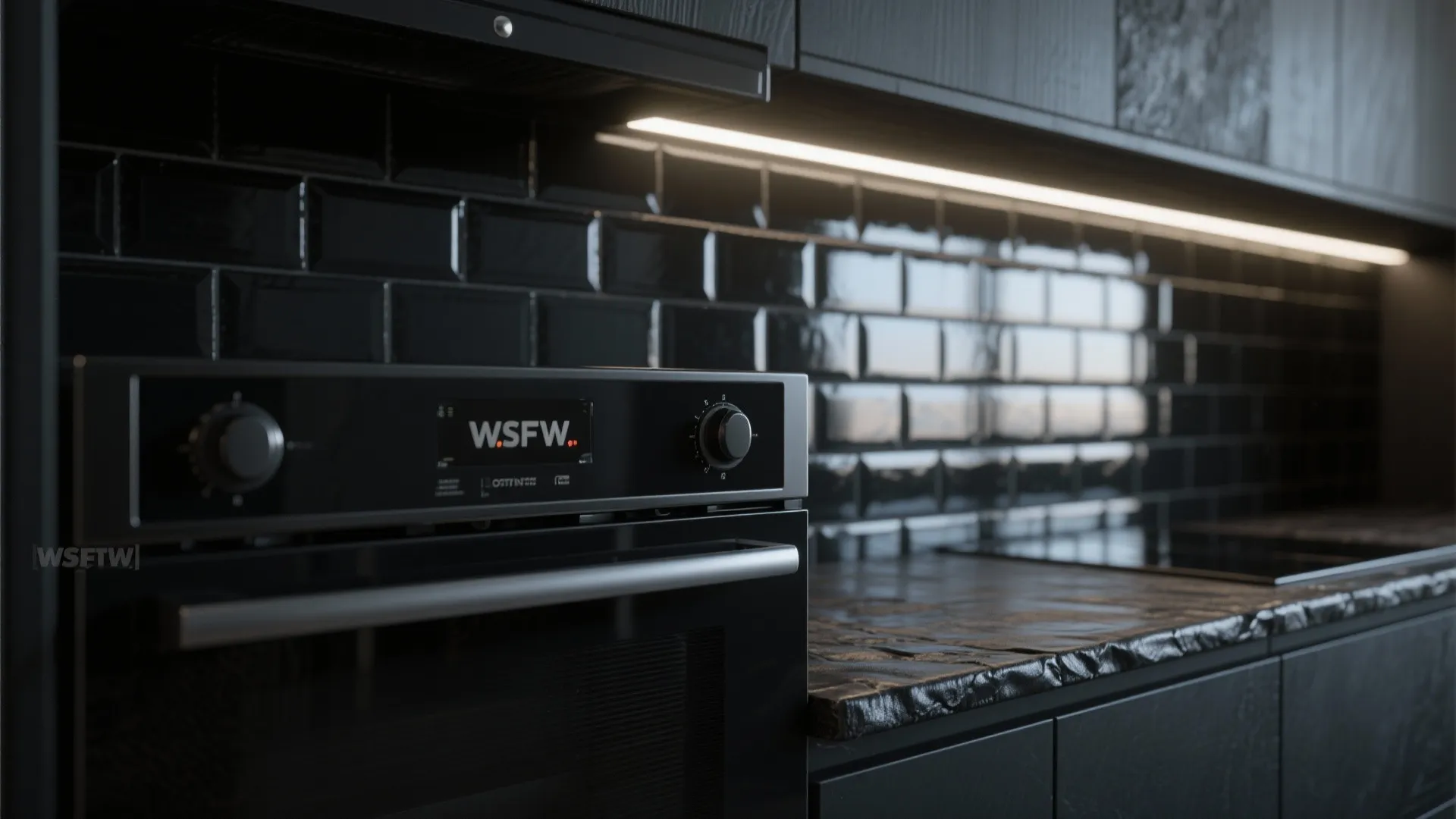 Close-up of matte black appliance, gloss black tile and leathered black countertop textures.