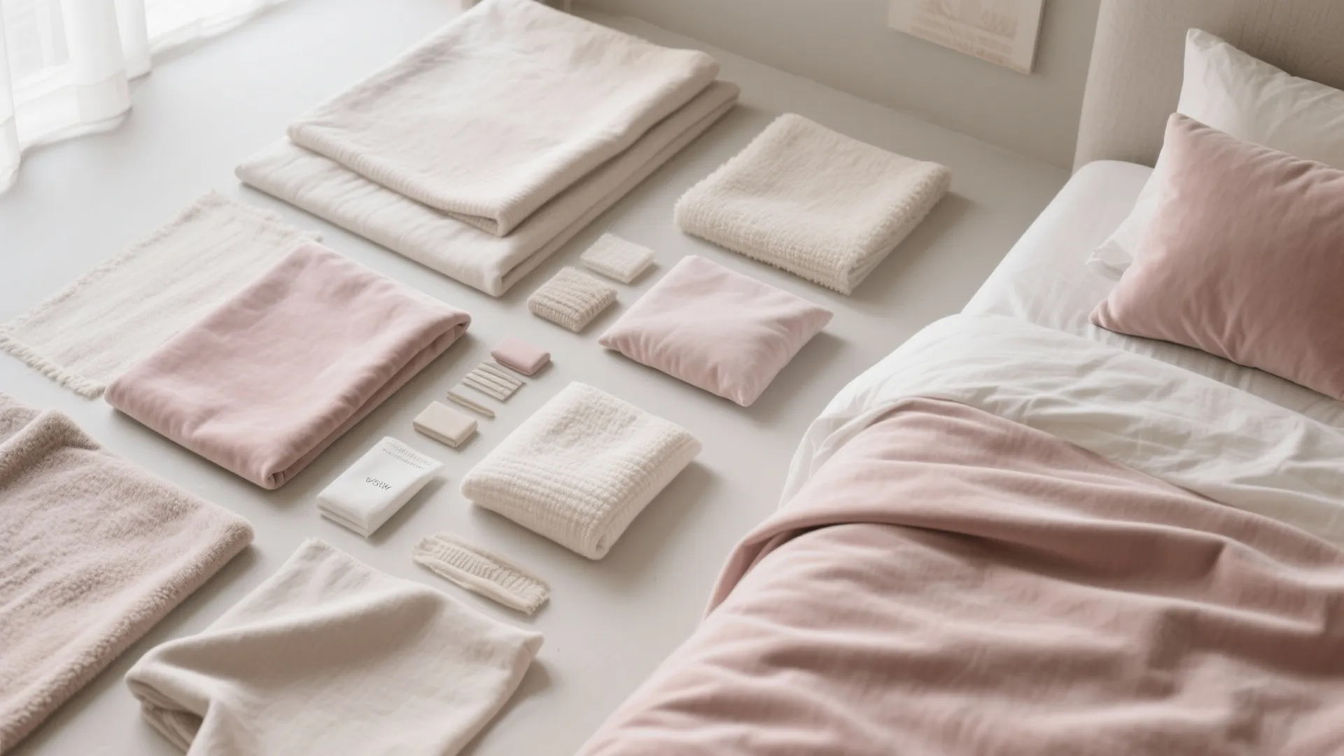 Blush-toned monochrome fabrics and materials for bedroom