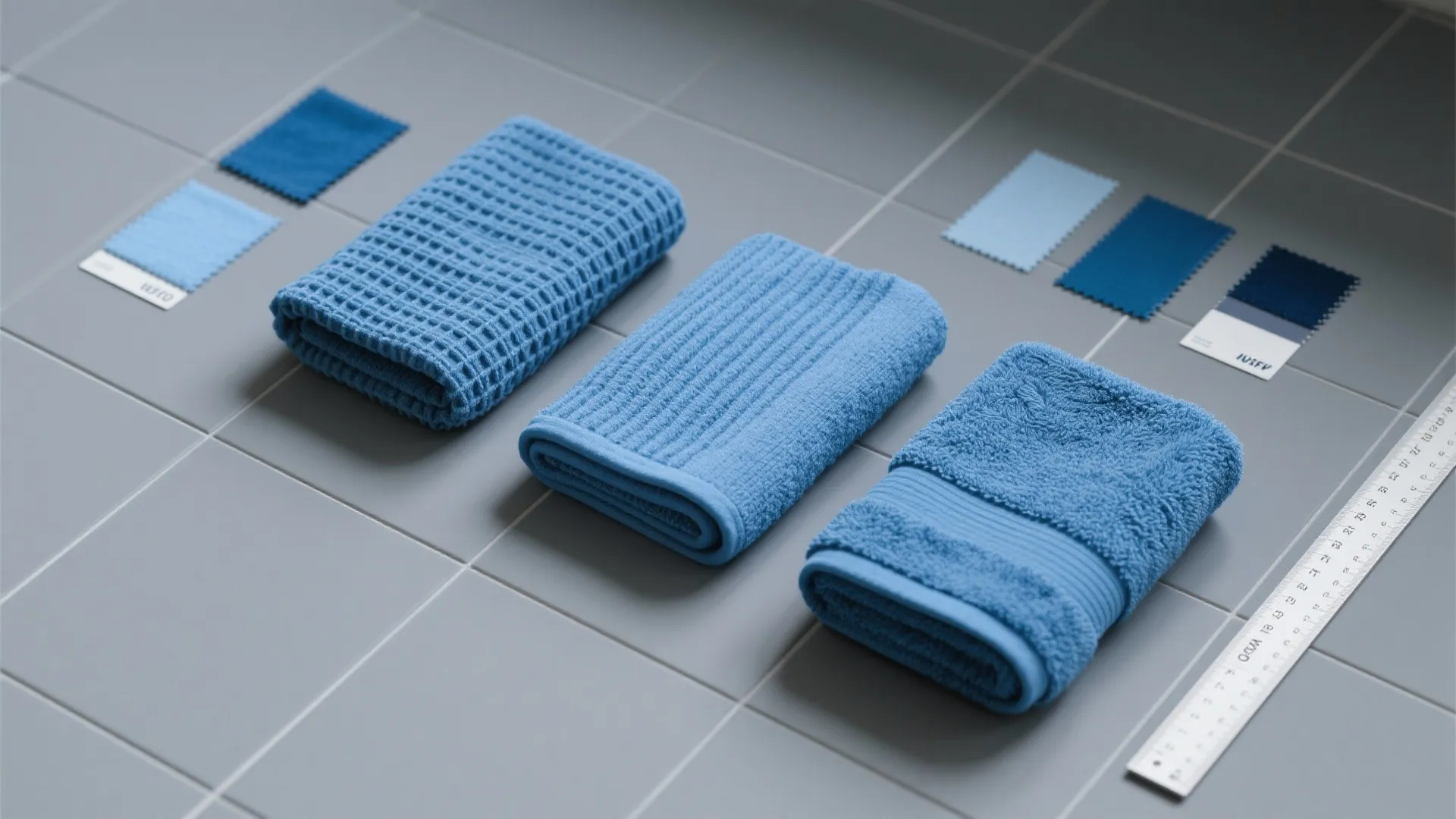 Three folded blue towels with different textures placed on grey tiles with small color samples