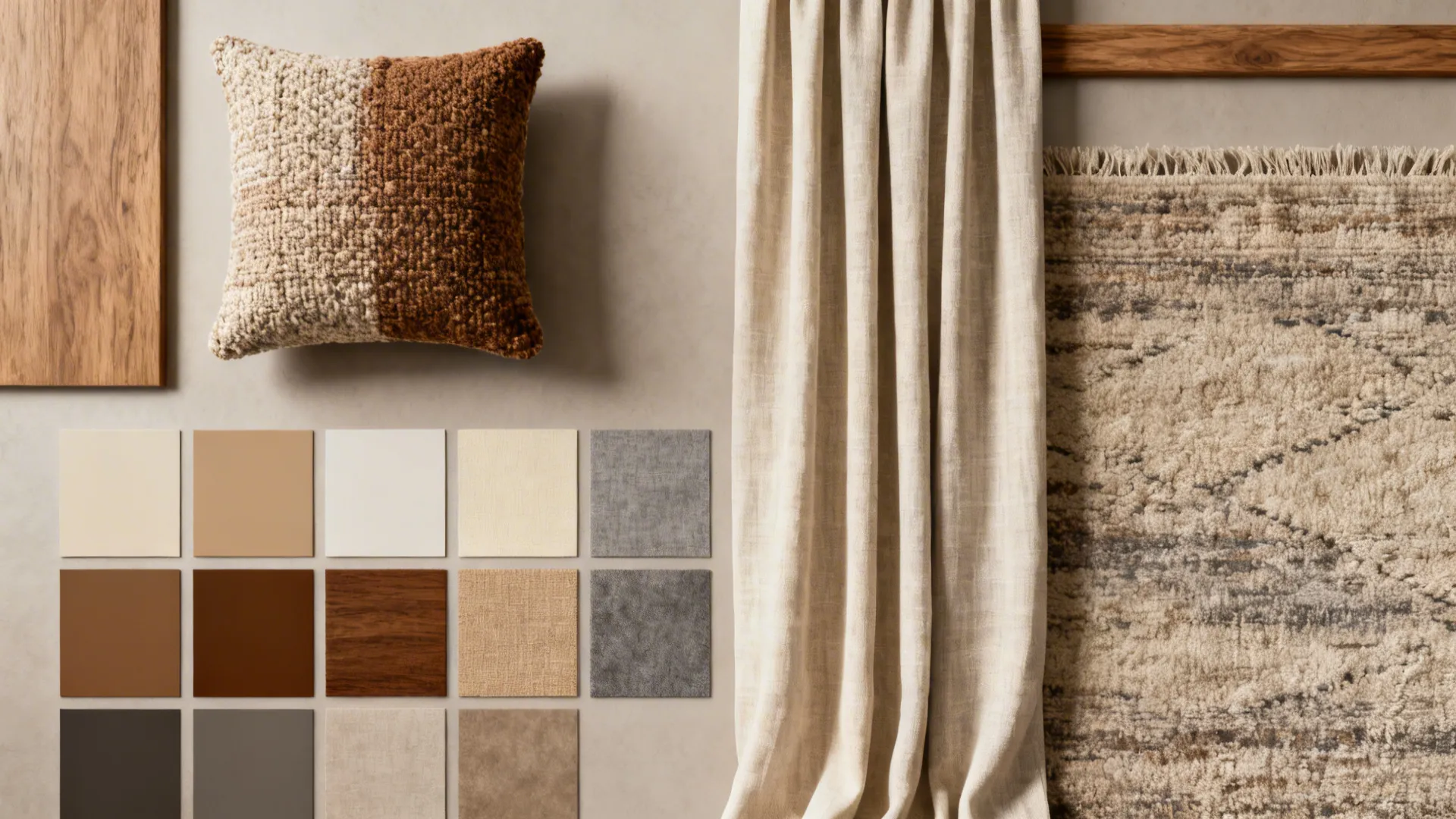 Material flatlay showing brown, cream and grey swatches plus textured fabrics for a layered look.