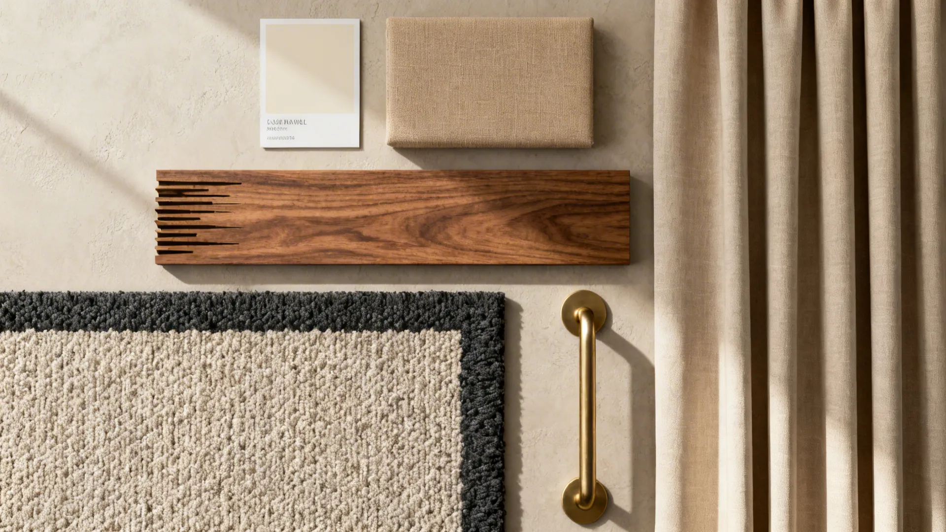 Flat lay of bone, sand, oat fabrics with walnut, boucle, brushed brass, and charcoal rug border.