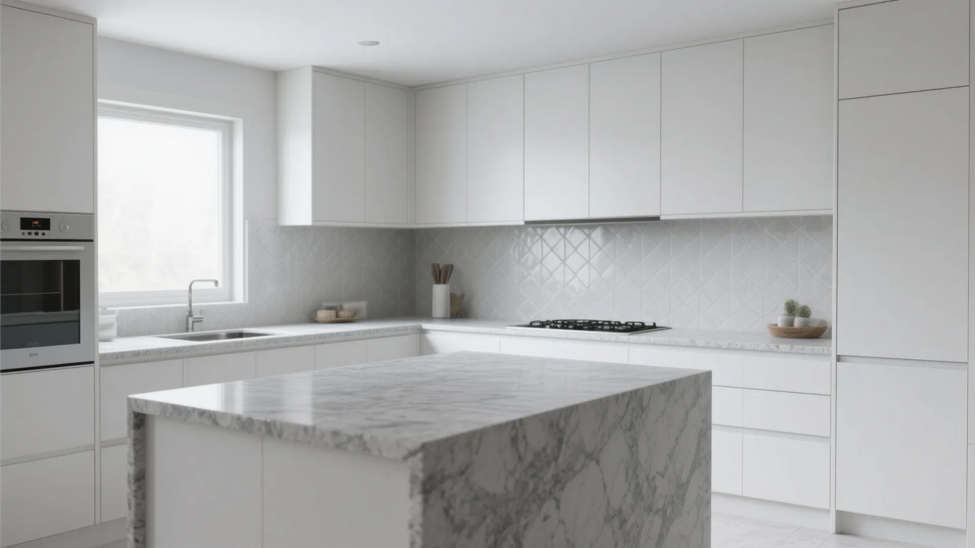 Monochrome kitchen with white cabinets and honed light-grey granite, textured backsplash and matte finishes.