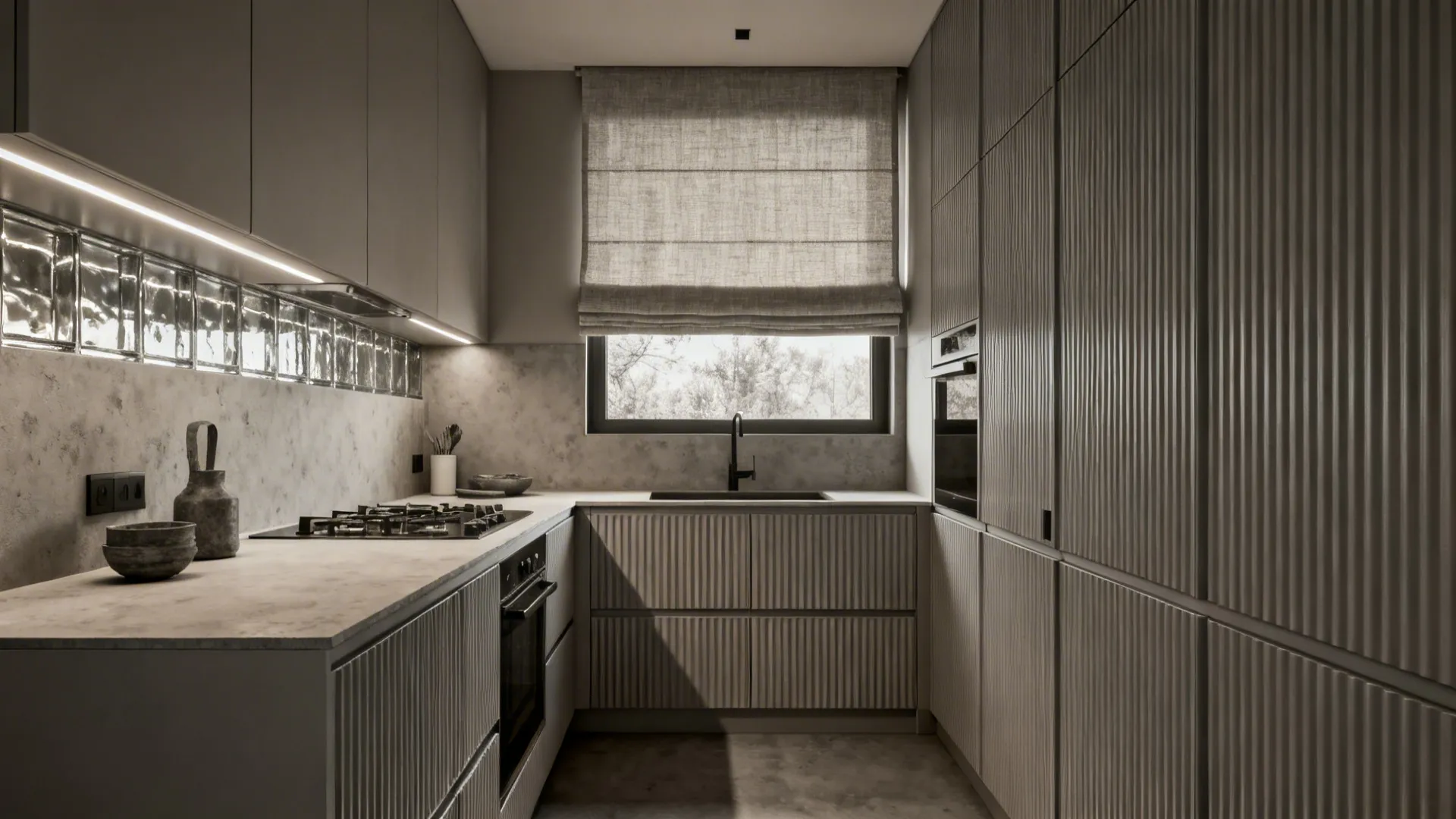 Monochrome warm gray galley kitchen with fluted cabinets, microcement backsplash, and linen shades.