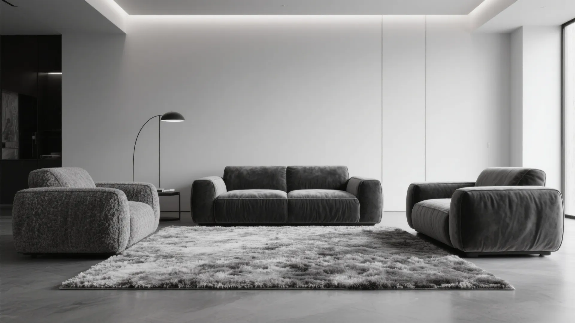 Modern living room in grayscale with textured rug