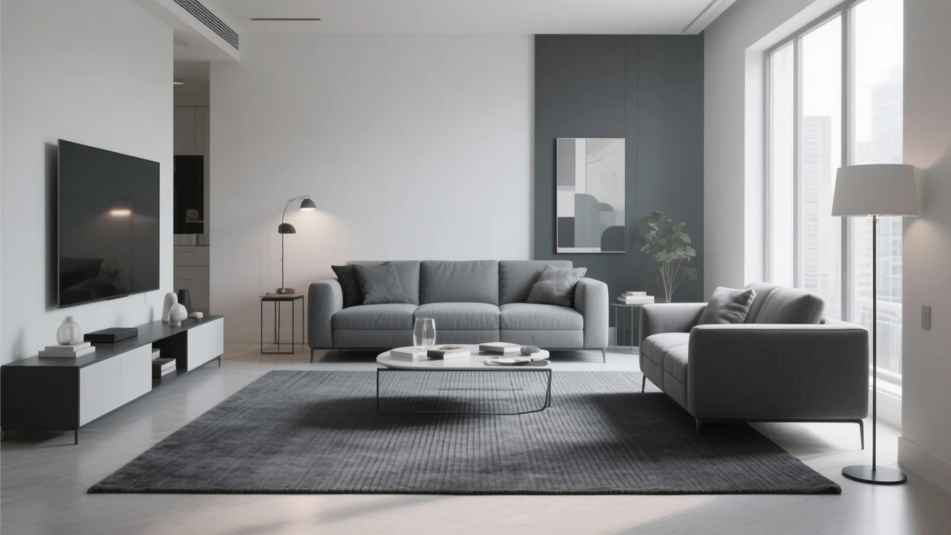 Modern grey living room with sofa dark rug black television stand marble table and floor light