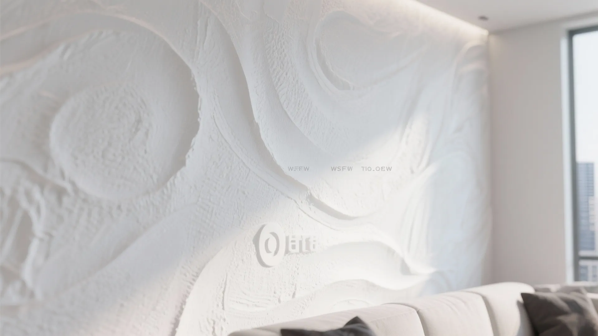 Close-up of a textured white mural in a modern living room